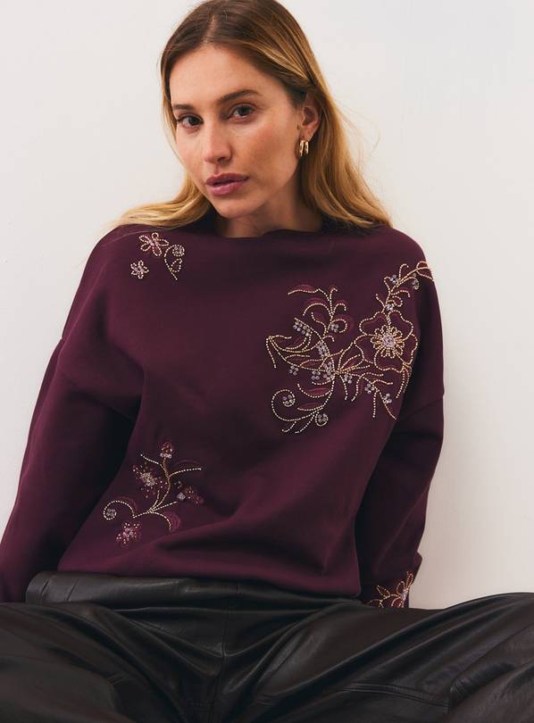 Dark Red Embellished Flower Sweatshirt M